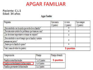 APGAR FAMILIAR
Paciente: C.L.S
Edad: 34 años
x
x
x
x
x
5 puntos
5 puntos
 