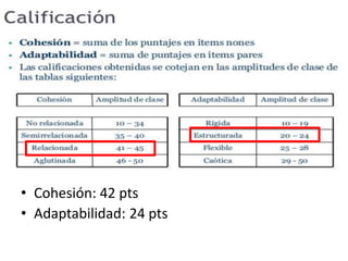 • Cohesión: 42 pts
• Adaptabilidad: 24 pts
 