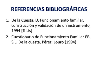 REFERENCIAS BIBLIOGRÁFICAS
1. De la Cuesta. D. Funcionamiento familiar,
construcción y validación de un instrumento,
1994 [Tesis]
2. Cuestionario de Funcionamiento Familiar FF-
SIL. De la cuesta, Pérez, Louro (1994)
 
