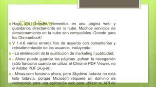 Cloud Save Haga clic derecho elementos en una página web y
guardarlos directamente en la nube. Muchos servicios de
almacenamiento en la nube son compatibles. Grande para
los Chromebook!
 V 1.4.6 varios errores fixs de acuerdo con comentarios y
retroalimentación de los usuarios, incluyendo:
 - La eliminación de la sustitución de marketing / publicidad;
 - Ahora puede guardar las páginas .pufson la navegación
(sólo funciona cuando se utiliza el Chrome PDF Viewer, no
el Adobe PDF plug-in);
 - Minus.com funciona ahora, pero Skydrive todavía no está
listo todavía, porque Microsoft requiere un dominio de
redirección para una aplicación web para utilizar su API de
 