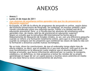 Anexo 1Lunes 23 de mayo de 2011¿Los alumnos de enseñanza online aprenden más que los de presencial en educación superior?En España, el 30% de la oferta de programas de posgrado es online, según datos del Instituto Universitario de Posgrado. Sin embargo, en muchos ámbitos sigue siendo considerada como una segunda opción, frente a la calidad real de la educación presencial. Pero, ¿y si resulta que los alumnos de enseñanza online aprenden más, de media, que los de presencial en educación superior?Según un estudio que la consultora SRI International ha hecho para el Departamento de Educación de Estados Unidos, es así, con una diferencia pequeña cuando se refiere a la formación totalmente online, pero que es muy significativa cuando se compara con los proyectos que combinan las clases de toda la vida con la formación a distancia usando nuevas tecnologías.No se trata, dicen las conclusiones, de que el ordenador tenga algún tipo de efecto mágico, es decir, que el modelo en sí sea más efectivo, sino que el uso de esas herramientas en la educación suele implicar que el alumno dedica más tiempo al estudio, que busca información adicional por su cuenta, la comparte, colabora y, en definitiva, es más propenso a tomar las riendas de su propio aprendizaje en lugar de ser un sujeto pasivo y muchas veces anónimo en medio de una clase llena (a veces excesivamente) de alumnos. ANEXOS