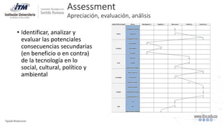 Assessment
Apreciación, evaluación, análisis
• Identificar, analizar y
evaluar las potenciales
consecuencias secundarias
(en beneficio o en contra)
de la tecnología en lo
social, cultural, político y
ambiental
 