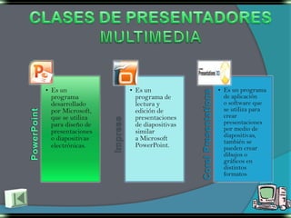 • Es un            • Es un             • Es un programa
  programa           programa de         de aplicación
  desarrollado       lectura y           o software que
  por Microsoft,     edición de          se utiliza para
  que se utiliza     presentaciones      crear
  para diseño de     de diapositivas     presentaciones
  presentaciones     similar             por medio de
  o diapositivas     a Microsoft         diapositivas,
                                         también se
  electrónicas.      PowerPoint.         pueden crear
                                         dibujos o
                                         gráficos en
                                         distintos
                                         formatos
 