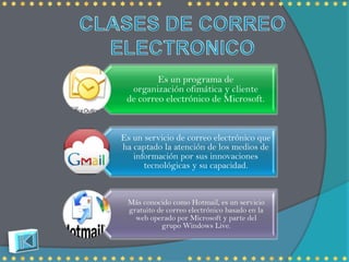 Es un programa de
  organización ofimática y cliente
 de correo electrónico de Microsoft.


Es un servicio de correo electrónico que
ha captado la atención de los medios de
   información por sus innovaciones
      tecnológicas y su capacidad.


 Más conocido como Hotmail, es un servicio
 gratuito de correo electrónico basado en la
   web operado por Microsoft y parte del
           grupo Windows Live.
 
