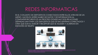 REDES INFORMATICAS
ES EL CONJUNTO DE DISPOSITIVOS CONECTADOS ENTRE ELLOS ATRAVEZ DE UN
MEDIO, HACEN EL INTERCAMBIO DE DATOS Y DE INFORMACION AL
COMPARTIR RECURSOS ES UN PROCESO DONDE HAY DOS RELACIONES
DEFINIDAS UNA PARA LOS DISPOSITIVOS QUE SE ENCUENTRAN CONECTADOS Y
OTRA QUE SON EL EMISOR Y RECEPTOR QUE SE ASUMEN Y ALTERNAN EN
INSTANTES DE TIEMPO
http://www.google.com.co/imgres?imgurl=&imgrefurl=http%3A%2F%2Fgestionlan.es%2F&h=0&w=0&tbnid=qhMZ5ANhjB
k9jM&zoom=1&tbnh=194&tbnw=259&docid=sIAqMTHMPqmU1M&tbm=isch&ei=oCxZU-
TJOtPhsATowYDgAg&ved=0CAUQsCUoAQ
 