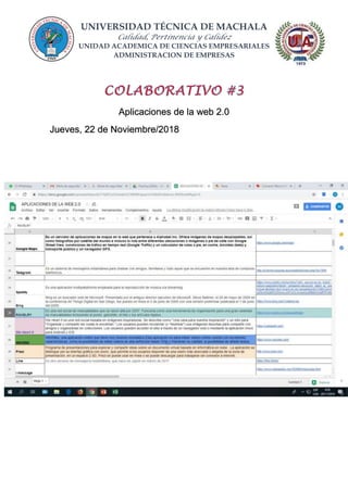 UNIVERSIDAD TÉCNICA DE MACHALA
Calidad, Pertinencia y Calidez
UNIDAD ACADEMICA DE CIENCIAS EMPRESARIALES
ADMINISTRACION DE EMPRESAS
Aplicaciones de la web 2.0
Jueves, 22 de Noviembre/2018
 