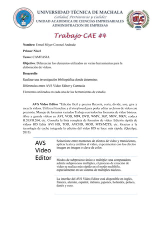 UNIVERSIDAD TÉCNICA DE MACHALA
Calidad, Pertinencia y Calidez
UNIDAD ACADEMICA DE CIENCIAS EMPRESARIALES
ADMINISTRACION DE EMPRESAS
Nombre: Ermel Miyer Coronel Andrade
Primer Nivel
Tema: CAMTASIA
Objetivo: Diferenciar los elementos utilizados en varias herramientas para la
elaboración de vídeos.
Desarrollo
Realizar una investigación bibliográfica donde determine:
Diferencias entre AVS Video Editor y Camtasia
Elementos utilizados en cada una de las herramientas de estudio
AVS Video Editor “Edición fácil y precisa Recorta, corta, divide, une, gira y
mezcla vídeos. Utiliza el timeline y el storyboard para poder editar archivos de vídeo con
precisión. Manejo de formatos variados Trabaja con todos los formatos de vídeo básicos.
Abre y guarda vídeos en AVI, VOB, MP4, DVD, WMV, 3GP, MOV, MKV, codecs
H.263/H.264, etc. Consulta la lista completa de formatos de vídeo. Edición rápida de
vídeos HD Edita AVI HD, TOD, AVCHD, MOD, MTS/M2TS, etc. Gracias a la
tecnología de cache integrada la edición del vídeo HD se hace más rápida. (Quizhpe,
2013)
AVS
Video
Editor
Seleccione entre montones de efectos de vídeo y transiciones,
aplicar texto y créditos al vídeo, experimentar con los efectos
imagen en imagen o clave de color.
Modos de subproceso único o múltiple: una computadora
admite subprocesos múltiples, el proceso de creación de
video se realiza más rápido en el modo multihilo,
especialmente en un sistema de múltiples núcleos.
La interfaz del AVS Video Editor está disponible en inglés,
francés, alemán, español, italiano, japonés, holandés, polaco,
danés y ruso.
 