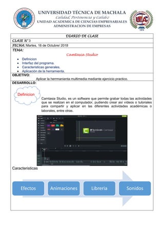 UNIVERSIDAD TÉCNICA DE MACHALA
Calidad, Pertinencia y Calidez
UNIDAD ACADEMICA DE CIENCIAS EMPRESARIALES
ADMINISTRACION DE EMPRESAS
DIARIO DE CLASE
CLASE N° 3
FECHA: Martes, 16 de Octubre/ 2018
TEMA:
Camtasia Studio
 Definicion
 Interfaz del programa.
 Caracteristicas generales.
 Aplicación de la herramienta.
OBJETIVO:
Aplicar la herrmanienta multimedia mediante ejercicio practico.
DESARROLLO:
Definicion
Camtasia Studio, es un software que permite grabar todas las actividades
que se realizan en el computador, pudiendo crear así vídeos o tutoriales
para compartir y aplicar en las diferentes actividades académicas o
laborales, entre otras.
Caracteristicas
Efectos Animaciones Libreria Sonidos
 