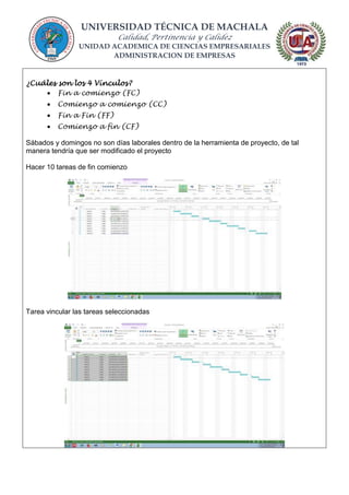 UNIVERSIDAD TÉCNICA DE MACHALA
Calidad, Pertinencia y Calidez
UNIDAD ACADEMICA DE CIENCIAS EMPRESARIALES
ADMINISTRACION DE EMPRESAS
¿Cuáles son los 4 Vínculos?
 Fin a comienzo (FC)
 Comienzo a comienzo (CC)
 Fin a Fin (FF)
 Comienzo a fin (CF)
Sábados y domingos no son días laborales dentro de la herramienta de proyecto, de tal
manera tendría que ser modificado el proyecto
Hacer 10 tareas de fin comienzo
Tarea vincular las tareas seleccionadas
 