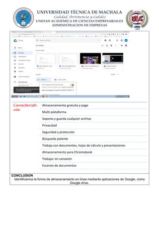 UNIVERSIDAD TÉCNICA DE MACHALA
Calidad, Pertinencia y Calidez
UNIDAD ACADEMICA DE CIENCIAS EMPRESARIALES
ADMINISTRACION DE EMPRESAS
CONCLUSION
Identificamos la forma de almacenamiento en línea mediante aplicaciones de Google, como
Google drive.
Caracteristi
cas
Almacenamiento gratuito y pago
Multi-plataforma
Soporta y guarda cualquier archivo
Privacidad
Seguridad y protección
Búsqueda potente
Trabaja con documentos, hojas de cálculo y presentaciones
Almacenamiento para Chromebook
Trabajar sin conexión
Escaneo de documentos
 