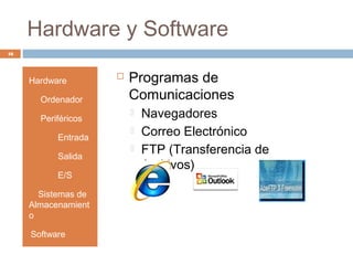 Hardware y Software
16
Hardware
• Ordenador
• Periféricos
• Entrada
• Salida
• E/S
• Sistemas de
Almacenamient
o
•Software
 Programas de
Comunicaciones
 Navegadores
 Correo Electrónico
 FTP (Transferencia de
Archivos)
 