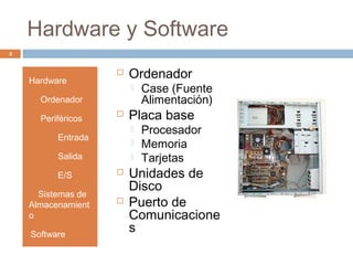 Hardware y Software
5
Hardware
• Ordenador
• Periféricos
• Entrada
• Salida
• E/S
• Sistemas de
Almacenamient
o
•Software
 Ordenador
 Case (Fuente
Alimentación)
 Placa base
 Procesador
 Memoria
 Tarjetas
 Unidades de
Disco
 Puerto de
Comunicacione
s
 