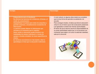 Ventajas Desventajas
- Independencia para el estudiante.
- Se eliminan las barreras de la distancia, el tiempo, el
medio de comunicación.
- Adaptabilidad inmediata para todas las pequeñas y
grandes empresas, actualizaciones constantes de
información.
- La persona puede obtener la información que
necesita en el momento que lo requiera.
- Quien recibe la educación puede practicar sus
habilidades de manera individual o a través de
equipos virtuales alrededor de áreas específicas de
interés.
- En términos económicos es más barato y fácil el
aprendizaje en línea que la educación tradicional.
- A nivel cultural, en algunos sitios todavía se considera
que la única forma de aprender es asistiendo a la
escuela.
- Para conseguir empleo, el status que tiene la educación
virtual no es el mismo que el de la educación presencial.
Los egresados no tienen las mismas oportunidades.
- El hecho de que el alumno asuma la responsabilidad de
su propio aprendizaje implica que, si no encuentra una
motivación para seguir o el curso no está bien diseñado,
opte por la renuncia.
 