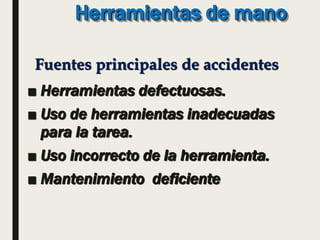 Herramientas de mano
■ Herramientas defectuosas.
■ Uso de herramientas inadecuadas
para la tarea.
■ Uso incorrecto de la herramienta.
■ Mantenimiento deficiente
Fuentes principales de accidentes
 