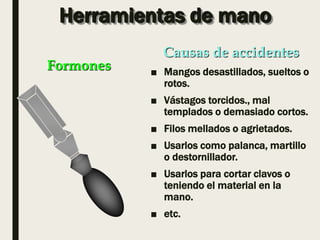 Herramientas de mano
■ Mangos desastillados, sueltos o
rotos.
■ Vástagos torcidos., mal
templados o demasiado cortos.
■ Filos mellados o agrietados.
■ Usarlos como palanca, martillo
o destornillador.
■ Usarlos para cortar clavos o
teniendo el material en la
mano.
■ etc.
Formones
Causas de accidentes
 