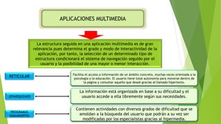 APLICACIONES MULTIMEDIA
La estructura seguida en una aplicación multimedia es de gran
relevancia pues determina el grado y modo de interactividad de la
aplicación, por tanto, la selección de un determinado tipo de
estructura condicionará el sistema de navegación seguido por el
usuario y la posibilidad de una mayor o menor interacción.
RETICULAR Facilita el acceso a información de un ámbito concreto, muchas veces orientada a la
psicología o la educación. El usuario tiene total autonomía para moverse dentro de
la página y consultar aquello que deseé gracias al llamado hipertexto.
La información está organizada en base a su dificultad y el
usuario accede a ella libremente según sus necesidades.JERARQUIZADO
PROGRAMAS
SEMIABIERTOS
Contienen actividades con diversos grados de dificultad que se
amoldan a la búsqueda del usuario que podrán a su vez ser
modificadas por los especialistas gracias al hipermedia.
 