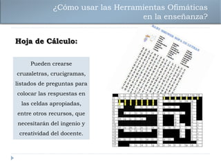 ¿Cómo usar las Herramientas Ofimáticas
                                  en la enseñanza?


Hoja de Cálculo:

     Pueden crearse
cruzaletras, crucigramas,
listados de preguntas para
colocar las respuestas en
  las celdas apropiadas,
entre otros recursos, que
necesitarán del ingenio y
 creatividad del docente.
 