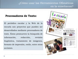 ¿Cómo usar las Herramientas Ofimáticas
                                    en la enseñanza?


 Procesadores de Texto:

El periódico escolar y la Web de la
escuela son proyectos que pueden ser
desarrollados mediante procesadores de
texto. Éstos promueven la búsqueda de
información,     redacción,      revisión
lingüística, tratamiento de imágenes,
formato de impresión, estilo, entre otras
acciones.
 