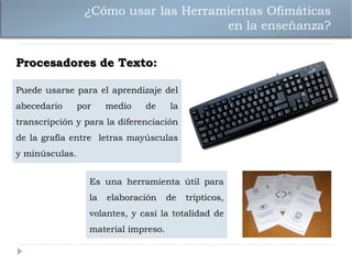¿Cómo usar las Herramientas Ofimáticas
                                      en la enseñanza?


Procesadores de Texto:

Puede usarse para el aprendizaje del
abecedario      por    medio   de     la
transcripción y para la diferenciación
de la grafía entre letras mayúsculas
y minúsculas.


                  Es una herramienta útil para
                  la   elaboración    de   trípticos,
                  volantes, y casi la totalidad de
                  material impreso.
 