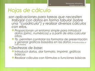 Hojas de cálculo
son aplicaciones para tareas que necesiten
trabajar con datos en forma tabular (sobre
una “cuadricula”) y realizar diversos cálculos
con ellos.
 Proporcionan un entorno simple para introducir
datos (princ. numéricos) y a partir de ellos calcular
otros.
 Tb. permiten controlar los formatos de presentación
y generar gráficos basados en los datos (introducidos o
calculados)
 Destrezas de base:
 Introducir datos, dar formato, imprimir, gráficos
básicos
 Realizar cálculos con fórmulas o funciones básicas
Herramientas informáticas -
Ofimática nivel medio
14
 