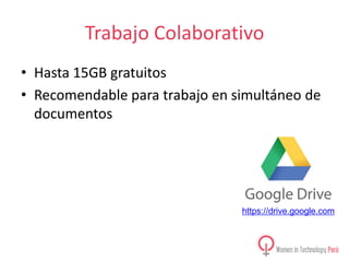 Trabajo Colaborativo
• Hasta 15GB gratuitos
• Recomendable para trabajo en simultáneo de
documentos

https://drive.google.com

 
