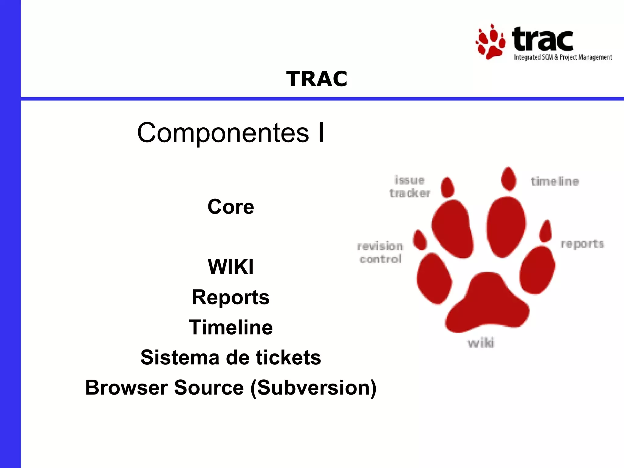 TRAC Componentes I Core WIKI Reports Timeline Sistema de tickets Browser Source (Subversion) 