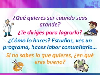 ¿Qué quieres ser cuando seas grande?¿Te diriges para lograrlo?¿Cómo lo haces? Estudias, ves un programa, haces labor comunitaria…Si no sabes lo que quieres, ¿en qué eres bueno?