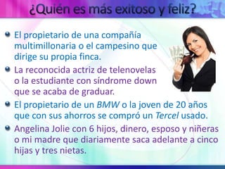 ¿Quiénesmásexitoso y feliz?El propietario de una compañía                                      multimillonaria o el campesino que                                  dirige su propia finca.La reconocida actriz de telenovelas                                o la estudiante con síndrome down                                que se acaba de graduar.El propietario de un BMW o la joven de 20 años que con sus ahorros se compró un Tercel usado.Angelina Jolie con 6 hijos, dinero, esposo y niñeras o mi madre que diariamente saca adelante a cinco hijas y tres nietas.