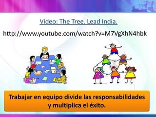 Video: TheTree. Lead India.http://www.youtube.com/watch?v=M7VgXhN4hbkTrabajar en equipo divide lasresponsabilidades y multiplica el éxito.
