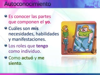 AutoconocimientoEs conocer las partes que componen el yo.Cuáles son mis necesidades, habilidades y manifestaciones.Los roles que tengo como individuo.Como actuó y me siento.