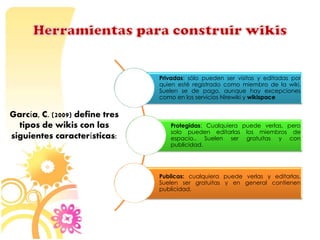 García, C. (2009) define tres 
tipos de wikis con las 
siguientes características: 
Privadas: sólo pueden ser visitas y editadas por 
quien esté registrado como miembro de la wiki. 
Suelen se de pago, aunque hay excepciones 
como en los servicios Nirewiki y wikispace 
Protegidas: Cualquiera puede verlas, pero 
solo pueden editarlas los miembros de 
espacio.. Suelen ser gratuitas y con 
publicidad. 
Publicas: cualquiera puede verlas y editarlas. 
Suelen ser gratuitas y en general contienen 
publicidad. 
 