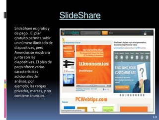 SlideShare
SlideShare es gratis y
de pago . El plan
gratuito permite subir
un número ilimitado de
diapositivas, pero
Anuncios se mostrará
junto con las
diapositivas. El plan de
pago ofrece varias
características
adicionales de
análisis, por
ejemplo, las cargas
privadas, marcas, y no
contiene anuncios.




                                        10
 
