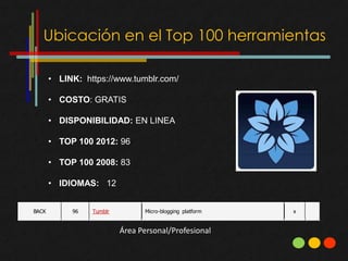 Ubicación en el Top 100 herramientas

       • LINK: https://www.tumblr.com/

       • COSTO: GRATIS

       • DISPONIBILIDAD: EN LINEA

       • TOP 100 2012: 96

       • TOP 100 2008: 83

       • IDIOMAS: 12


BACK        96   Tumblr          Micro-blogging platform   x


                          Área Personal/Profesional
 