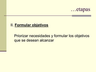 …etapas

II. Formular objetivos

  Priorizar necesidades y formular los objetivos
  que se desean alcanzar
 