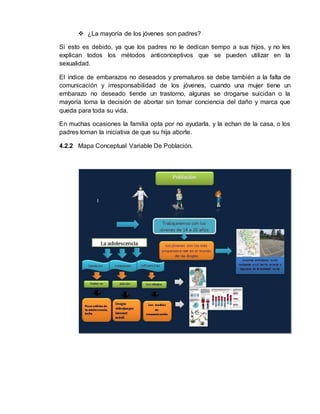  ¿La mayoría de los jóvenes son padres? 
Si esto es debido, ya que los padres no le dedican tiempo a sus hijos, y no les 
explican todos los métodos anticonceptivos que se pueden utilizar en la 
sexualidad. 
El índice de embarazos no deseados y prematuros se debe también a la falta de 
comunicación y irresponsabilidad de los jóvenes, cuando una mujer tiene un 
embarazo no deseado tiende un trastorno, algunas se drogarse suicidan o la 
mayoría toma la decisión de abortar sin tomar conciencia del daño y marca que 
queda para toda su vida. 
En muchas ocasiones la familia opta por no ayudarla, y la echan de la casa, o los 
padres toman la iniciativa de que su hija aborte. 
4.2.2 Mapa Conceptual Variable De Población. 
 