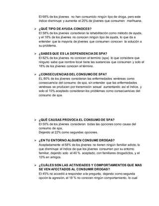 El 68% de los jóvenes no han consumido ningún tipo de droga, pero este 
índice disminuye y aumenta el 20% de jóvenes que consumen marihuana. 
 ¿QUÉ TIPO DE AYUDA CONOCES? 
El 58% de los jóvenes consideran la rehabilitación como método de ayuda, 
y el 18% de los jóvenes no conocen ningún tipo de ayuda, lo que da a 
entender que la mayoría de jóvenes que consumen conocen la solución a 
su problema. 
 ¿SABES QUE ES LA DEPENDENCIA DE SPA? 
El 82% de los jóvenes no conocen el termino (spa) lo que considera que 
ninguno sabe que nombre local tiene las sustancias que consumen y solo el 
18% de los jóvenes conocen el término. 
 ¿CONSECUENCIAS DEL CONSUMO DE SPA? 
EL 80% de los jóvenes consideran las enfermedades venéreas como 
consecuencia del consumo de spa, sin entender que las enfermedades 
venéreas se producen por transmisión sexual aumentando así el índice, y 
solo el 10% aceptado consideran los problemas como consecuencias del 
consumo de spa. 
 ¿QUÉ CAUSAS PROVOCA EL CONSUMO DE SPA? 
El 50% de los jóvenes consideran todas las opciones como causa del 
consumo de spa, 
Dejando al 22% como segundas opciones. 
 ¿EN TU ENTORNO ALGUIEN CONSUME DROGAS? 
Aceptadamente el 58% de los jóvenes no tienen ningún familiar adicto, lo 
que disminuye el índice de que los jóvenes consumen por su entorno 
familiar, dejando solo el 40 % aceptado, con familiares drogadictos, y el 
10% en amigos. 
 ¿CUÁLES SON LAS ACTIVIDADES Y COMPORTAMIENTOS QUE MAS 
SE VEN AFECTADOS AL CONSUMIR DROGAS? 
El 45% no accedió a responder a la pregunta, dejando como segunda 
opción la agresión, el 18 % no conocen ningún comportamiento, lo cual 
 