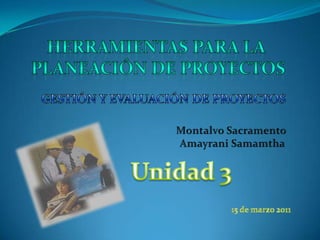 Herramientas para la  Planeación de proyectos GESTIÓN Y EVALUACIÓN DE PROYECTOS Montalvo Sacramento  AmayraniSamamtha Unidad 3 15 de marzo 2011 