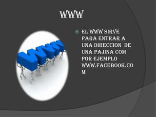 www
    El www sirve
     para entrar a
     una direccion de
     una pajina com
     por ejemplo
     www.facebook.co
     m
 