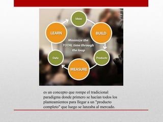 es un concepto que rompe el tradicional
paradigma donde primero se hacían todos los
planteamientos para llegar a un "producto
completo" que luego se lanzaba al mercado.
 