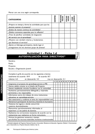Marcar con una cruz según corresponda:




                                                                                                            MUCHAS
                                                                                                  SIEMPRE




                                                                                                                                NUNCA
                                                                                                                      POCAS
                                                                                                             VECES


                                                                                                                      VECES

                                                                                                                                 CASI
                    CATEGORÍAS

                    ¿Preparo en tiempo y forma las actividades para que los
                    alumnos avancen el proyecto?
                    ¿Evalúo de manera continua las actividades?
                    ¿Dedico momentos especiales para la reflexión?
                    ¿Trato de planificar actividades de integración
                    del servicio con el aprendizaje?
                    ¿Muestro con claridad criterios y fundamentos
                    que favorecen el servicio?
                    ¿Ejerzo un liderazgo participativo, dando lugar al
                    protagonismo de mis alumnos/ grupo de jóvenes?


                                                  Actividad 1 - Ficha 1.d
                                   AUTOEVALUACIÓN PARA DIRECTIVOS58
                    Nombre:
                    Fecha:
                    Proyecto:
                    Escuela u Organización Juvenil:


                    Complete la grilla de acuerdo con los siguientes criterios:
HERRAMIENTAS




                    totalmente de acuerdo: 10-9              de acuerdo: 8-7
                    indeciso: 6-5          en desacuerdo: 4-3             muy en desacuerdo: 2-1
                                                                                                  1 2 3 4 5 6 7 8 9 10
                    Integramos el proyecto de aprendizaje-servicio al PEl.
                    Hemos sabido orientar en el diseño del Proyecto.
                    Hemos establecido vínculos fructíferos con la comunidad.
                    Facilitamos permanentemente bibliografía y materiales
                    pertinentes a los responsables.
                    Informamos acerca de trabajos de otras instituciones
                    educativas en aprendizaje-servicio.
                    Nos asesoramos y cuidamos el tema de responsabilidad civil.
                    Alentamos la participación de alumnos y docentes en el proyecto.
                    Visitamos los lugares a donde concurrirán
                    nuestros alumnos/jóvenes.
                    Mantuvimos permanentemente informados al
                    Supervisor y a los padres de alumnos.
                    Realizamos las correcciones necesarias de acuerdo con las
                    evaluaciones que realizamos en forma comunitaria.
                    Hicimos las gestiones necesarias a tiempo,
                    para facilitar los recursos materiales, humanos e institucionales
               58
                 Actividad adaptada del Programa Nacional Escuela y Comunidad. Ministerio de Educación. Argentina. Módulo 4: Herramientas
               para el desarrollo de un Proyecto Educativo Solidario. Op. Cit.


               144        Participación Solidaria para América Latina
 