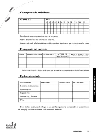 Cronograma de actividades


  ACTIVIDAD                            MES
                                       1 2     3   4    5    6   7    8    9    10     11    12




  Se colocarán tantos meses como dure el proyecto.
  Podrán discriminarse las semanas de cada mes.
  Una vez confirmada la fecha de inicio se podrán reemplazar los números por los nombres de los meses.


  Presupuesto del proyecto

 RUBRO      VALOR UNITARIO VALOR TOTAL                  APORTE DE          APORTE SOLICITADO
                                                       CONTRAPARTE




     La información sobre el aporte de contraparte suele ser un requerimiento de los financiadores.


  Equipos de trabajo




                                                                                                         HERRAMIENTAS
  COMISIONES                    PERSONAS                    FUNCIONES          ACTIVIDADES
  Gestiones institucionales
  Comunicación
  Capacitación
  Celebración y Festejos
  Otras


  En un afiche o cartel grande y luego en una planilla organizar la composición de las comisiones
de trabajo y funciones conforme a las actividades a realizar.




                                                                               PaSo JOVEN          55
 