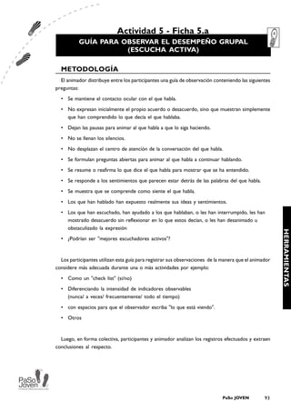 Actividad 5 - Ficha 5.a
          GUÍA PARA OBSERVAR EL DESEMPEÑO GRUPAL
                     (ESCUCHA ACTIVA)

  METODOLOGÍA
  El animador distribuye entre los participantes una guía de observación conteniendo las siguientes
preguntas:
  • Se mantiene el contacto ocular con el que habla.
  • No expresan inicialmente el propio acuerdo o desacuerdo, sino que muestran simplemente
    que han comprendido lo que decía el que hablaba.
  • Dejan las pausas para animar al que habla a que lo siga haciendo.
  • No se llenan los silencios.
  • No desplazan el centro de atención de la conversación del que habla.
  • Se formulan preguntas abiertas para animar al que habla a continuar hablando.
  • Se resume o reafirma lo que dice el que habla para mostrar que se ha entendido.
  • Se responde a los sentimientos que parecen estar detrás de las palabras del que habla.
  • Se muestra que se comprende como siente el que habla.
  • Los que han hablado han expuesto realmente sus ideas y sentimientos.
  • Los que han escuchado, han ayudado a los que hablaban, o les han interrumpido, les han
    mostrado desacuerdo sin reflexionar en lo que estos decían, o les han desanimado u
    obstaculizado la expresión




                                                                                                       HERRAMIENTAS
  • ¿Podrían ser "mejores escuchadores activos"?


  Los participantes utilizan esta guía para registrar sus observaciones de la manera que el animador
considere más adecuada durante una o más actividades por ejemplo:
  • Como un "check list" (si/no)
  • Diferenciando la intensidad de indicadores observables
    (nunca/ a veces/ frecuentemente/ todo el tiempo)
  • con espacios para que el observador escriba "lo que está viendo".
  • Otros


  Luego, en forma colectiva, participantes y animador analizan los registros efectuados y extraen
conclusiones al respecto.




                                                                             PaSo JOVEN          93
 