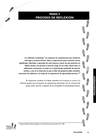 PASO 5
                                  PROCESO DE REFLEXIÓN




        La reflexión constituye "un conjunto de competencias que involucra,
        interroga y articula hechos, ideas y experiencias para sumarles nuevos
significados. Aprender a aprender de esta manera y hacer de esta práctica un
        hábito ayuda a los jóvenes a hacerse cargo de sus vidas. Ahora bien, el
       reflexionar seriamente no suele ser el pasatiempo preferido de jóvenes
       activos, y esa es la razón por la que el líder del proyecto debe coordinar
momentos de reflexión a lo largo de la experiencia de aprendizaje-servicio."38




                                                                                                            HERRAMIENTAS
             Es importante combinar el trabajo individual con la puesta en común y la
     dinámica grupal, para enriquecer las experiencias personales con las vivencias del
            grupo antes, durante y después de las actividades de aprendizaje-servicio.




38
     National Helpers Network, Reflection. The Key of Service-Learning, New York, 1998.




                                                                                          PaSo JOVEN   95
 