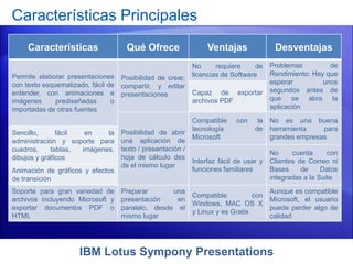 IBM Lotus Sympony Presentations
Características Principales
Características Qué Ofrece Ventajas Desventajas
Permite elaborar presentaciones
con texto esquematizado, fácil de
entender, con animaciones e
imágenes prediseñadas o
importadas de otras fuentes
Posibilidad de crear,
compartir, y editar
presentaciones
No requiere de
licencias de Software
Problemas de
Rendimiento: Hay que
esperar unos
segundos antes de
que se abra la
aplicación
Capaz de exportar
archivos PDF
Posibilidad de abrir
una aplicación de
texto / presentación /
hoja de cálculo des
de el mismo lugar
Compatible con la
tecnología de
Microsoft
No es una buena
herramienta para
grandes empresas
Sencillo, fácil en la
administración y soporte para
cuadros, tablas, imágenes,
dibujos y gráficos
Interfaz fácil de usar y
funciones familiares
No cuenta con
Clientes de Correo ni
Bases de Datos
integradas a la Suite
Animación de gráficos y efectos
de transición
Soporte para gran variedad de
archivos incluyendo Microsoft y
exportar documentos PDF o
HTML
Preparar una
presentación en
paralelo, desde el
mismo lugar
Compatible con
Windows, MAC OS X
y Linux y es Gratis
Aunque es compatible
Microsoft, el usuario
puede perder algo de
calidad
 
