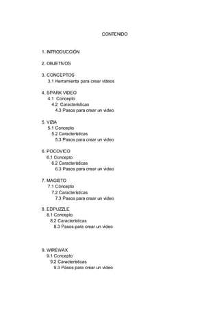 CONTENIDO
1. INTRODUCCIÓN
2. OBJETIVOS
3. CONCEPTOS
3.1 Herramienta para crear vídeos
4. SPARK VIDEO
4.1 Concepto
4.2 Características
4.3 Pasos para crear un video
5. VIZIA
5.1 Concepto
5.2 Características
5.3 Pasos para crear un video
6. POCOVICO
6.1 Concepto
6.2 Características
6.3 Pasos para crear un video
7. MAGISTO
7.1 Concepto
7.2 Características
7.3 Pasos para crear un video
8. EDPUZZLE
8.1 Concepto
8.2 Características
8.3 Pasos para crear un video
9. WIREWAX
9.1 Concepto
9.2 Características
9.3 Pasos para crear un video
 