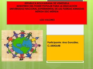 REPUBLICA BOLIVARIANA DE VENEZUELA
     MINISTERIO DEL PODER POPULAR PARA LA EDUCACION
UNIVERSIDAD NACIONAL EXPERIMENTAL DE LAS FUERZAS ARMADAS
                     MÈRIDA EDO MÈRIDA


                      LOS VALORES




                            Participante: Ana González.
                            C.I.8043648
 
