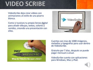 VideoScribe deja crear videos con
animaciones al estilo de una pizarra
blanca.
Como si tuvieses tu propio lienzo digital
para añadir dibujos, textos, colores y
sonidos, creando una presentación con
ellos.
Cuentas con mas de 1000 imágenes,
melodías y tipografías para usar dentro
de VideoScribe.
Gratuito por 7 días, después se puede
pagar mensual o anual.
VideoScribe cuenta con aplicaciones
para Windows, Mac y iPad.
VIDEO SCRIBE
 