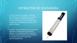 EXTRACTOR DE SOLDADURA
• útil extractor que ayuda a eliminar
los excesos de soladura que muchas
veces quedan al desoldar algunos
circuitos mediante la acción de vacío
creado por un poderoso resorte y un
pistón interno.
•
• Función: esta herramienta no necesita
baterías ni alimentación eléctrica
alguna, es completamente manual y
el único mantenimiento que necesita
es limpieza general cada mes
aproximadamente.
 