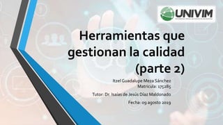 Herramientas que
gestionan la calidad
(parte 2)
Itzel Guadalupe Meza Sánchez
Matricula: 175285
Tutor: Dr. Isaías de Jesús Díaz Maldonado
Fecha: 09 agosto 2019
 