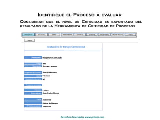 Identifique el Proceso a evaluar Considerar que el nivel de Criticidad es exportado del resultado de la Herramienta de Criticidad de Procesos 